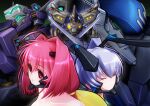  2girls ahoge bangs closed_eyes dual_wielding fortified_suit hair_intakes highres hiraken holding holding_sword holding_weapon kagami_sumika kaizer_(valgern-on) mecha multiple_girls muvluv muvluv_alternative muvluv_unlimited:_the_day_after red_eyes red_hair science_fiction silver_hair sword tactical_surface_fighter takemikazuchi_(muvluv) twintails type_94_shiranui valgern-on visor weapon yashiro_kasumi 