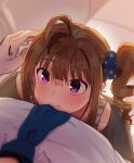  1girl ahoge bangs blue_scrunchie blurry blurry_foreground blush brown_hair closed_mouth commentary depth_of_field drill_hair eyebrows_visible_through_hair hair_ornament hair_scrunchie height_difference hug idolmaster idolmaster_million_live! kamille_(vcx68) light_frown looking_at_another medium_hair pov print_scrunchie purple_eyes scrunchie side_drill side_ponytail sidelocks smile star_(symbol) star_print sweatdrop yokoyama_nao 
