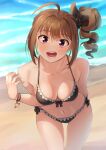  1girl ahoge arms_behind_back bangs beach bikini black_bikini black_ribbon bow bow_bikini bracelet breasts brown_hair cleavage commentary drill_hair eyebrows_visible_through_hair frilled_bikini frills hair_ribbon halterneck idolmaster idolmaster_million_live! jewelry kamille_(vcx68) leaning_forward light_blush looking_at_viewer medium_breasts medium_hair navel ocean open_mouth purple_eyes ribbon side_drill side_ponytail smile solo standing star_bracelet swimsuit water yokoyama_nao 