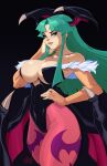  1girl breasts cleavage commission demon_girl freckles green_eyes green_hair hand_on_hip highres huge_breasts leotard lips lipstick long_hair looking_at_viewer makeup morrigan_aensland pantyhose seductive_smile smile solo thick_thighs thighs tovio_rogers vampire_(game) wings 