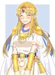  1girl ^_^ armor blonde_hair blush breasts cape closed_eyes commission cowboy_shot dress earrings gold grin jewelry long_hair necklace ooshio7734 pointy_ears princess_zelda shoulder_armor sidelocks skeb_commission smile solo super_smash_bros. the_legend_of_zelda the_legend_of_zelda:_a_link_between_worlds white_dress 