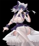  1girl animal_ears azur_lane black_background blue_eyes blue_hair breasts cheshire_(azur_lane) cleavage commentary_request detached_sleeves dress eyebrows_visible_through_hair fake_animal_ears frilled_hairband frilled_ribbon frills hairband highres large_breasts maid_headdress multicolored_hair puffy_detached_sleeves puffy_sleeves purple_apron purple_hair ribbon short_hair simple_background solo streaked_hair thighhighs thighs two-tone_hair white_dress white_legwear wrist_cuffs yizikifa 