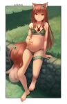 1girl animal_ears artist_name barefoot big_belly blush border bra breasts closed_mouth clover_hair_ornament collarbone colored_pubic_hair eyebrows_visible_through_hair feet female_pubic_hair full_body grass green_bra green_panties hair_ornament highres holo looking_at_viewer navel outdoors panties pregnant pubic_hair pubic_hair_peek red_eyes red_pubic_hair seraziel shiny shiny_hair sitting small_breasts smile solo spice_and_wolf tail toes underwear white_border wolf_ears wolf_tail 