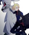  1boy ahoge alternate_costume bangs blonde_hair closed_mouth ear_piercing gladion_(pokemon) green_eyes hair_over_one_eye hand_up highres jacket leg_up male_focus pants piercing pokemon pokemon_(creature) pokemon_(game) pokemon_sm short_hair signature silvally tere_asahi 