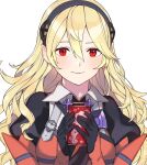  1girl armor blonde_hair blush corrin_(fire_emblem) corrin_(fire_emblem)_(female) cup fire_emblem fire_emblem_fates gloves hair_between_eyes hair_ornament hairband highres holding holding_cup kinagi_(3307377) long_hair looking_at_viewer pointy_ears red_eyes simple_background smile solo super_smash_bros. white_background 