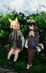  2girls alternate_costume animal_ears black_footwear black_hair blonde_hair blue_jacket boots brown_legwear capri_pants casual commentary common_raccoon_(kemono_friends) eating extra_ears eyebrows_visible_through_hair fennec_(kemono_friends) food fox_ears fox_girl fox_tail green_shirt green_skirt grey_hair highres jacket japari_bun kemono_friends long_sleeves multicolored_hair multiple_girls nanana_(nanana_iz) pants pencil_skirt plaid plaid_skirt raccoon_ears raccoon_girl raccoon_tail shirt shoes short_hair skirt sneakers tail two-tone_hair white_hair white_jacket 