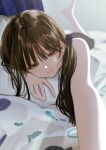  1girl absurdres bare_shoulders barefoot bed_sheet blush brown_eyes brown_hair commentary_request curtains foreshortening hair_ornament hair_scrunchie highres honnryou_hanaru leg_up long_hair looking_at_viewer lying on_stomach original pillow ruri_honjou scrunchie selfie sidelighting smile solo 