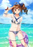  1girl ahoge bangs bikini blue_bikini blue_neckerchief blue_ribbon blue_sky breasts brown_hair cloud cloudy_sky commentary cover-up cowboy_shot day drill_hair eyebrows_visible_through_hair grin hair_ribbon holding holding_innertube horizon idolmaster idolmaster_million_live! innertube kamille_(vcx68) light_blush long_sleeves looking_at_viewer medium_breasts medium_hair navel neckerchief object_behind_back ocean outdoors purple_eyes red_ribbon ribbon sailor_collar salute see-through side_drill side_ponytail sky smile solo standing swimsuit wading water water_drop white_sailor_collar wrist_ribbon yokoyama_nao 