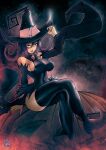  1girl adjusting_clothes adjusting_headwear animal_ears black_headwear black_sleeves blair_(soul_eater) boots breasts cat_ears cat_girl detached_sleeves ears_through_headwear halloween hat highres jack-o&#039;-lantern large_breasts long_hair long_sleeves night night_sky pumpkin purple_hair sideboob signature sitting sky soul_eater the_golden_smurf thigh_boots thighhighs thighs tongue witch witch_hat yellow_eyes 