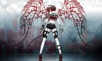  1girl black_shorts character_request copyright_request demon demon_girl dual_wielding from_behind graffiti gun handgun holding holster horns miwa_shirow red_hair see-through short_hair shorts single_wing solo source_request tail tattoo thigh_strap weapon widescreen wings wristband 