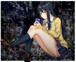  1girl aona_(anagasaki) bangs black_background black_hair cellphone commentary_request ghost long_hair mieruko-chan phone shiny shiny_hair sidelocks sitting smartphone solo twitter_username yellow_eyes yotsuya_miko 