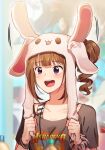  1girl afterimage animal_hat bangs black_shirt brown_hair bunny_hat commentary drill_hair eyebrows_visible_through_hair hat idolmaster idolmaster_million_live! jewelry kamille_(vcx68) looking_to_the_side medium_hair motion_lines necklace open_mouth print_shirt purple_eyes shirt short_sleeves side_drill side_ponytail smile solo t-shirt tank_top white_shirt yokoyama_nao 