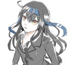  1girl bangs black_jacket blue_headband eyebrows_visible_through_hair hagioshi hair_between_eyes hatsushimo_(kancolle) headband highres jacket kantai_collection long_hair low-tied_long_hair orange_eyes parted_lips remodel_(kantai_collection) simple_background sketch solo upper_body white_background 