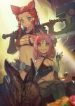 2girls animal_ear_fluff animal_ears armor avatar_(ffxiv) axe belt bikini_armor black_gloves black_legwear blue_eyes blurry blurry_foreground braid breasts cat_ears cleavage closed_mouth commentary_request commission facial_mark final_fantasy final_fantasy_xiv fingerless_gloves gloves gold_coin green_eyes hands_up heterochromia hide_(hideout) highleg highleg_panties highres holding holding_axe holding_weapon light_particles long_hair looking_at_another looking_at_viewer medium_breasts miqo&#039;te mouth_hold multiple_girls navel panties pink_hair red_hair sabrith_ebonclaw scar scar_on_face skeb_commission smile stalk_in_mouth stomach tattoo tayelle_ebonclaw thighhighs twin_braids underwear weapon whisker_markings yellow_eyes 