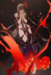  1girl absurdres bare_shoulders barefoot black_hair breasts brown_hair bsq choker cleavage crying fate/grand_order fate_(series) feet fire groin hands_on_own_face highres long_hair looking_at_viewer medium_breasts multiple_piercings navel painting red_eyes solo thighs very_long_hair yu_mei-ren_(fate) 