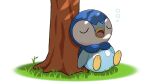  bubble closed_eyes commentary_request grass lying no_humans official_art open_mouth piplup pokemon pokemon_(creature) project_pochama sleeping solo toes tongue tree white_background 