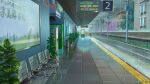  banner cable chair cherry_blossoms chinese_commentary chinese_text cloud commentary_request flower_pot grass highres house no_humans original plant railroad_tracks rain scenery sign sky train_station trash_can tree utility_pole vending_machine wall water_drop xingzhi_lv 