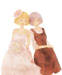  2girls :d apron bangs bare_arms bare_shoulders blonde_hair blush bob_cut bouquet breasts brown_apron cleavage closed_eyes closed_mouth collarbone commentary_request dress feet_out_of_frame flower grey_background grey_shirt hair_flower hair_ornament hair_over_one_eye holding holding_bouquet kirishima_touka kosaka_yoriko large_breasts leaning_on_person leaning_to_the_side medium_breasts multiple_girls open_mouth pink_flower pink_hair shirt short_hair simple_background sitting smile tokyo_ghoul toukaairab wedding_dress 