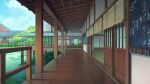  architecture chinese_commentary cloud commentary_request door east_asian_architecture entrance fence flower lily_pad lotus mountain no_humans open_door original pillar plant pond reflection reflective_water rooftop scenery sky tree wooden_floor xingzhi_lv 