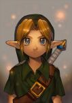  1boy aoki_(fumomo) bangs belt blonde_hair blue_eyes brown_background brown_belt closed_mouth collared_shirt expressionless gradient gradient_background green_headwear green_shirt grey_background link male_focus parted_bangs pointy_ears shiny shiny_hair shirt short_sleeves solo sword the_legend_of_zelda upper_body weapon weapon_on_back 