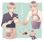  1boy apron bangs black_hair black_shirt blush bowl collarbone collared_shirt eyebrows_visible_through_hair food green_background hair_between_eyes holding holding_spoon kaneki_ken male_focus multicolored_hair multiple_views nabe-box necktie plate rice rice_bowl sasaki_haise shirt short_hair smile spoon striped striped_apron thumbs_up tokyo_ghoul tokyo_ghoul:re translation_request two-tone_hair white_necktie white_shirt 