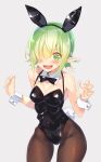  1girl @_@ alternate_costume animal_ears aoi_(princess_connect!) bangs black_bow black_leotard blunt_bangs blush bow bowtie breasts covered_navel cowboy_shot detached_collar elf embarrassed fake_animal_ears fake_tail green_hair grey_background hair_over_one_eye hands_up highres kuro_work leotard looking_at_viewer medium_breasts open_mouth pantyhose playboy_bunny pointy_ears princess_connect! rabbit_ears rabbit_tail short_hair simple_background solo sweat tail wavy_mouth wrist_cuffs 