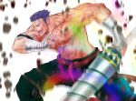  1boy abs absurdres alternate_pectoral_size bandaged_arm bandages bara bruise caladbolg_(fate) closed_eyes closed_mouth fate/grand_order fate_(series) feet_out_of_frame fergus_mac_roich_(fate) fighting_stance grin highres holding holding_polearm holding_weapon injury large_pectorals long_sideburns male_focus muscular muscular_male nipples open_mouth pectorals polearm purple_hair rainbow scar scar_on_chest short_hair sideburns smile solo stomach topless_male undercut weapon yudama_(blackdragonmy) 