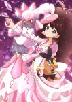  1girl antenna_hair bangs blue_eyes blurry blush brown_hair closed_mouth collarbone commentary_request crystal diancie dress eyelashes haru_(haruxxe) hat high_ponytail highres hilda_(pokemon) holding holding_poke_ball long_sleeves love_ball luxury_ball official_alternate_costume pink_headwear poke_ball pokemon pokemon_(creature) pokemon_(game) pokemon_masters_ex sidelocks smile tepig 