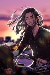  1boy ^_^ baji_keisuke black_hair black_jacket black_pants character_name closed_eyes cowboy_shot dated facing_viewer grin ground_vehicle happy_birthday highres jacket long_hair long_sleeves male_focus motor_vehicle motorcycle outdoors pants sashimi_pan sitting smile solo sunset tokyo_revengers 