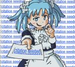  1girl apron background_text blue_eyes blue_hair blush_stickers looking_at_viewer maid oekaki omega_symbol personification psicochurroz puzzle_piece puzzle_piece_hair_ornament sleeve_cuffs smile smug solo twintails upper_body waist_apron wikipe-tan wikipedia 