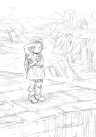  1boy aoki_(fumomo) arm_up bangs belt child collared_shirt full_body greyscale hat link male_focus monochrome outdoors pointy_ears salute scenery shield shirt shoes short_hair short_sleeves sketch solo standing the_legend_of_zelda tunic 