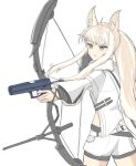  1girl animal_ears arknights blonde_hair bow_(weapon) cloak compound_bow english_commentary gun handgun highres holding holding_gun holding_weapon horse_ears horse_girl horse_tail long_hair pistol platinum_(arknights) ponytail shorts simple_background snow_rexilium solo tail weapon white_background white_cloak white_shorts yellow_eyes 