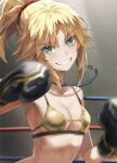  1girl bangs bare_shoulders blonde_hair boxing_gloves bra braid breasts cleavage collarbone fate/apocrypha fate_(series) french_braid green_eyes grin hair_ornament hair_scrunchie highres jewelry long_hair looking_at_viewer medium_breasts mordred_(fate) mordred_(fate/apocrypha) motion_blur necklace parted_bangs ponytail scrunchie sidelocks small_breasts smile solo symbol-only_commentary tonee underwear yellow_bra 