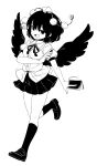  1girl :d bangs bird_wings collared_shirt commentary feathered_wings full_body greyscale hand_up hat high_contrast highres holding holding_notebook holding_pen kneehighs leg_up looking_at_viewer maguro_(mawaru_sushi) miniskirt monochrome neck_ribbon notebook open_mouth pen pleated_skirt pom_pom_(clothes) ribbon running shameimaru_aya shirt shoes short_hair short_sleeves simple_background skirt smile solo standing tokin_hat touhou wings 