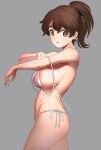  1girl a1 areola_slip areolae bangs bikini black_ribbon breasts brown_eyes brown_hair commentary_request cowboy_shot eyebrows_visible_through_hair from_side girls_und_panzer grey_background hair_ribbon highres koyama_yuzu large_breasts looking_at_viewer medium_hair micro_bikini parted_lips ponytail ribbon side-tie_bikini simple_background solo swimsuit thick_eyebrows thighs undressing untied untied_bikini white_bikini 