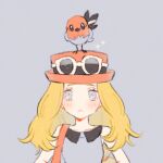  1girl bare_shoulders blonde_hair blue_eyes closed_mouth commentary_request creature_on_head eyewear_on_headwear fletchling grey_background grey_shirt hat long_hair lowres on_head pokemon pokemon_(creature) pokemon_(game) pokemon_on_head pokemon_xy red_headwear ryokuno_green serena_(pokemon) shirt simple_background sleeveless sleeveless_shirt sparkle upper_body 