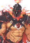  1boy abs bara bare_pectorals chest_hair chest_harness dark-skinned_male dark_skin embers fire glowing glowing_eyes harness helmet highres large_pectorals male_focus muscular muscular_male navel navel_hair nipples pectorals solo stomach surtr_(housamo) tokyo_afterschool_summoners unfinished upper_body zifu 