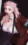  1girl abs blood blush breasts dorohedoro earrings formal highres jewelry large_breasts long_hair looking_at_viewer muscular muscular_female necktie noi_(dorohedoro) park_ongjol red_eyes simple_background solo suit white_hair 