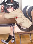  1girl alternate_costume animal_ears black_hair blush highres horse_ears horse_girl horse_tail kitasan_black_(umamusume) looking_at_viewer open_mouth red_eyes ryuryu_mt school school_uniform short_hair sitting solo table tail tail_wagging umamusume window 