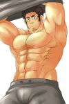  1boy abs areolae bara bare_pectorals blush chest_hair clothes_lift cross_scar facial_hair feet_out_of_frame goatee grey_pants grey_shirt houzouin_oniwaka large_pectorals lifted_by_self long_sideburns looking_at_viewer male_focus mature_male muscular muscular_male navel no_nipples pants pectorals scar scar_on_face scar_on_forehead shirt shirt_lift short_hair sideburns solo stomach stubble sunfight0201 thick_eyebrows tokyo_afterschool_summoners undressing upper_body white_background 