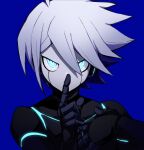  1boy a_tama_(pakpak_tkg) absurdres android bangs blue_background commentary covering_mouth danganronpa_(series) danganronpa_v3:_killing_harmony earrings english_commentary grey_eyes grey_hair hand_over_own_mouth hand_up highres index_finger_raised jewelry keebo looking_at_viewer male_focus power_armor short_hair solo 