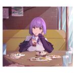  1girl bangs breast_rest breasts closed_mouth cup drinking drinking_glass drinking_straw eyebrows_visible_through_hair food gridman_universe highres jacket off_shoulder purple_hair red_eyes sakamoto_(ojiojiojisanda) shinjou_akane short_hair solo ssss.gridman 