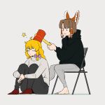  2girls :3 alternate_costume alternate_eye_color bad_id bad_twitter_id bags_under_eyes bangs barefoot benikurage_(cookie) black_eyes black_hoodie black_pants blonde_hair bow braid breasts brown_footwear brown_hair brown_sweater chair closed_mouth commentary cookie_(touhou) eyebrows_visible_through_hair fang folding_chair frilled_bow frilled_hair_tubes frills full_body grey_pants grey_sweater hair_bow hair_tubes hakurei_reimu hammer highres holding holding_hammer hood hoodie kirisame_marisa large_breasts long_hair looking_at_another mars_(cookie) multiple_girls ohasi pants parted_bangs purple_bow red_bow shoes short_hair side_braid single_braid sitting star_(symbol) sweater touhou toy_hammer turtleneck turtleneck_sweater 
