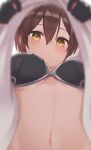  1girl absurdres ayama_nano black_bra blurry blurry_foreground bra breasts brown_hair clothes_lift from_below hair_between_eyes highres hololive lifted_by_self looking_at_viewer looking_down medium_breasts midriff navel roboco-san shirt shirt_lift short_hair solo underwear upshirt virtual_youtuber white_shirt yellow_eyes 