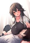  1boy 1girl admiral_(kancolle) awa_yume black_hair blush breasts brown_eyes collarbone collared_shirt eyebrows_visible_through_hair faceless faceless_male hair_between_eyes hair_ornament hairband hairclip haruna_(kancolle) highres jewelry kantai_collection large_breasts long_hair long_sleeves necklace official_alternate_costume open_mouth shirt white_hairband white_shirt 