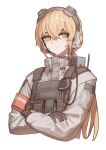  1girl armor bangs black_gloves blonde_hair cheogtanbyeong closed_mouth commentary crossed_arms expressionless eyebrows_visible_through_hair girls&#039;_frontline girls&#039;_frontline_2:_exilium gloves hair_between_eyes headphones headset highres long_hair long_sleeves looking_at_viewer military military_uniform ots-14_(girls&#039;_frontline) solo sweatdrop tactical_clothes uniform upper_body walkie-talkie white_background yellow_eyes 