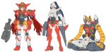  30_minutes_sisters 3girls animal_ear_headwear axe backpack bag bangs blue_eyes blue_hair boots brown_eyes brown_hair cape caterpillar_tracks covered_navel doll_joints drill frown getter-1 getter-2 getter-3 getter_robo getter_robo_(1st_series) gloves goggles goggles_on_headwear green_eyes helmet highres holding joints mecha_musume metal_boots multiple_girls open_hands parody personification pink_hair ponytail red_cape red_footwear red_gloves smile spikes standing style_parody tanimeso thigh_boots thighhighs v-shaped_eyebrows wheel white_background 