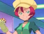  1girl bangs breasts choker cleavage collarbone commentary_request georgia_(pokemon) gloves green_choker green_eyes green_shirt grin hand_up hat holding holding_poke_ball indoors looking_at_viewer poke_ball poke_ball_(basic) pokemon pokemon_(anime) pokemon_bw_(anime) ryuntack shirt short_hair short_sleeves smile solo teeth upper_body yellow_gloves yellow_headwear 