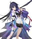  1girl absurdres asymmetrical_sleeves bangs bare_shoulders black_gloves black_shorts closed_mouth gloves highres holding holding_weapon honkai:_star_rail honkai_(series) jacket kuo_(kuo114514) long_hair purple_eyes purple_hair scythe seele_vollerei shorts simple_background single_glove smile solo uneven_sleeves weapon white_background white_jacket 