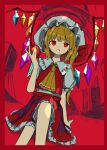  1girl absurdres apple arm_support ascot bangs blonde_hair blood blood_from_mouth border bow closed_mouth commentary_request crossed_legs dot_nose dutch_angle empty_eyes eyebrows_visible_through_hair feet_out_of_frame flandre_scarlet food frilled_ascot frilled_shirt frilled_shirt_collar frilled_skirt frilled_sleeves frills fruit hand_up hat hat_bow highres holding holding_food holding_fruit long_hair mob_cap neruzou one_side_up pleated_skirt red_background red_border red_bow red_eyes red_skirt red_vest shirt short_sleeves side_ponytail sitting skirt skirt_set solo touhou vest white_headwear white_shirt wings yellow_ascot 